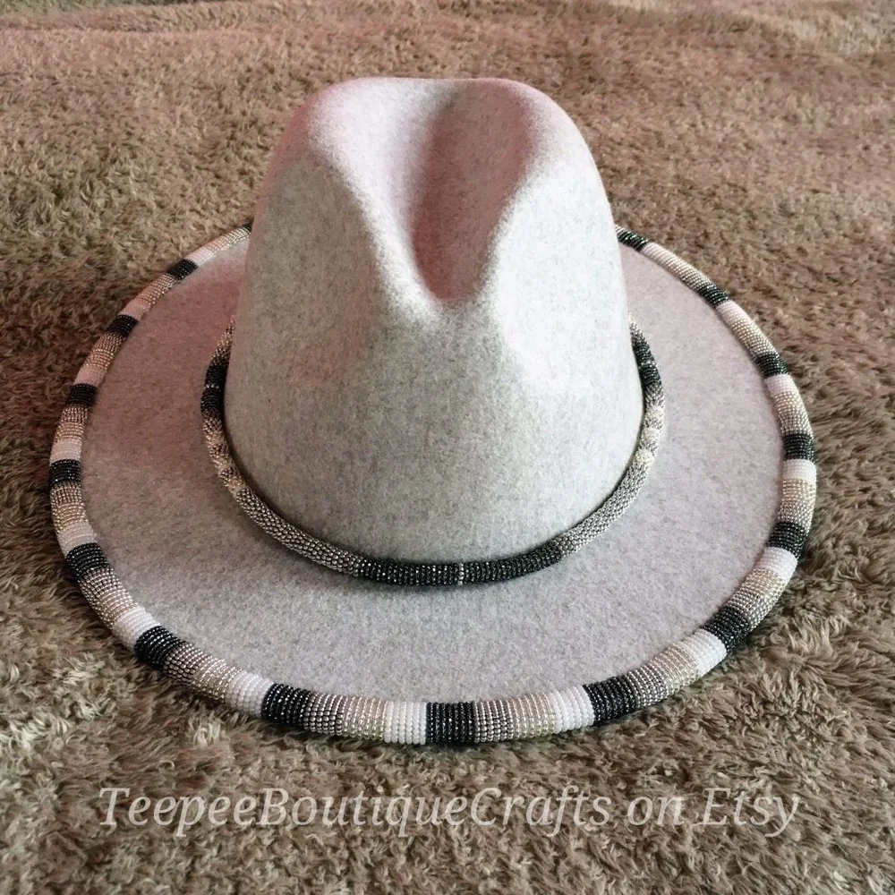 Indigenous Beaded Fedora Hat with Beaded Rope Hat Band/Necklace - Picture 1 of 7